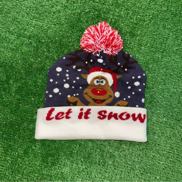 Reindeer Blue White Red Brown Knit Light Up Beanie Hat with Pom Pom Adult - Picture 1 of 3